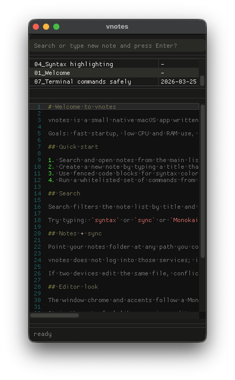 vnotes on macOS: note list, search, and editor with a Monokai-inspired dark theme